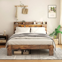 Bed Frame, Wood Platform Bed Frame with Storage LED Light Headboard and 2 USB