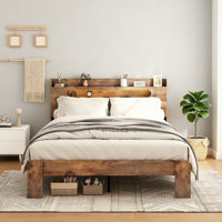 Bed Frame, Wood Platform Bed Frame with Storage LED Light Headboard and 2 USB by Mercer41