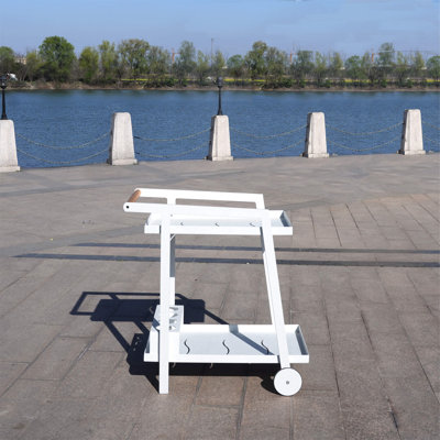 Aluminum Outdoor Bar Serving Cart With Teak Handle White Frame With All-Aluminum Wheels by Hokku Designs