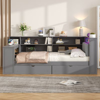 Wood Full Size Upholstered Platform Bed with Storage Shelves, Drawers, Charging Ports, LED Lights and Built-in Desk, White+Beige Cushion by Hokku Designs
