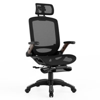 Niccoli High Back Ergonomic Mesh Office Chair With Footrest And Flip-Up Arms, Dark Woodgrain Accent by Inbox Zero