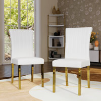 White Leather Dining Chairs With Mirrored Gold Legs Set Of 2 by Mercer41