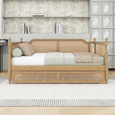 Wood Daybed with Rattan Headboard and Trundle by Bay Isle Home