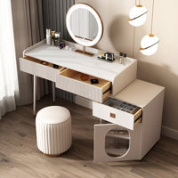 Makeup Vanity Set, Slate Top, Solid Wood Drawers, And Dimmable Led Mirror by Ivy Bronx