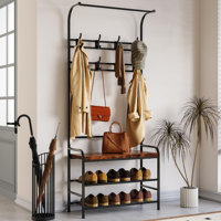Hall Tree Shoe Bench, 4-in-1 Entryway Storage Bench with 8 Sturdy Hooks, Freestanding Coat Rack for Small Spaces, Apartments, Bedroom by 17 Stories