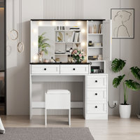 Makeup Vanity Stool Set with Lighted Mirror, Charging Station by Latitude Run