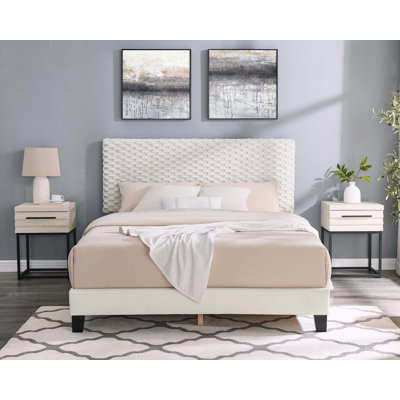 3-Piece Bedroom Set, Plush 3D Upholstered Bed With Two Nightstands by Ebern Designs