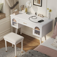 Vanity Makeup Table & Chair Set with Spacious Storage and Built-in Power Strip, Perfect for Organized Beauty Routines by Corrigan Studio