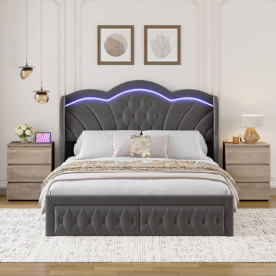 ON SALE 3-Piece Bedroom Sets, Velvet Upholstered Wingback Bed With LED Headboard And Storage Drawers, 2 3-Drawer Nightstands With Charging Port by Wrought Studio