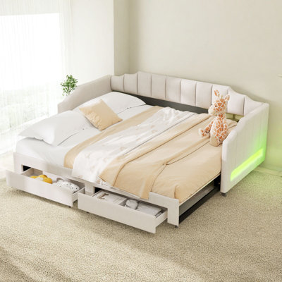 Twin XL to King Convertible Daybed with Storage Drawers & LED Lights - Upholstered Linen Fabric, Solid Wood+MDF Frame, No Box Spring Needed (300-500 l by Ivy Bronx