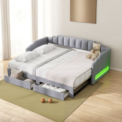 Twin XL to King Convertible Daybed with Storage Drawers & LED Lights - Upholstered Linen Fabric, Solid Wood+MDF Frame, No Box Spring Needed (300-500 l by Ivy Bronx