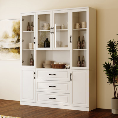 63" Wide White Glass Door Dining Hutch With 3 Drawers by Lark Manor