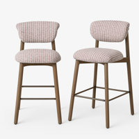 Set Of 2 Upholstered Counter Height Stools With Wood-look Metal Frame, Rolled Backrest, Woven Fabric by George Oliver
