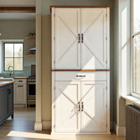 Farmhouse Pantry Cabinet, 70.3" Tall Kitchen Storage Cabinet with Barn Doors, Drawer, Tray, Adjustable Shelves