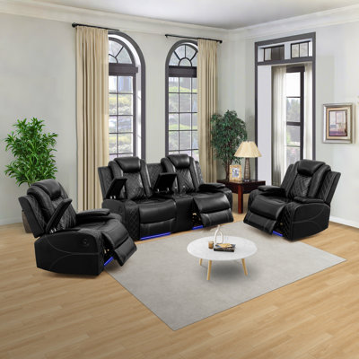 3-Piece Breathing Leather Power Recliner Sofa Set With LED Light,Wireless Charging Station, And Storage Armrest by Ivy Bronx