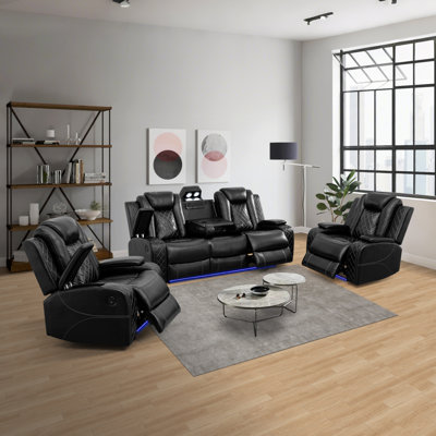 3-Piece Breathing Leather Power Recliner Sofa Set With LED Light,Wireless Charging Station, And Storage Armrest