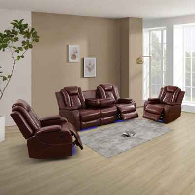 3-Piece Breathing Leather Power Recliner Sofa Set With LED Light,Wireless Charging Station, And Storage Armrest by Ivy Bronx