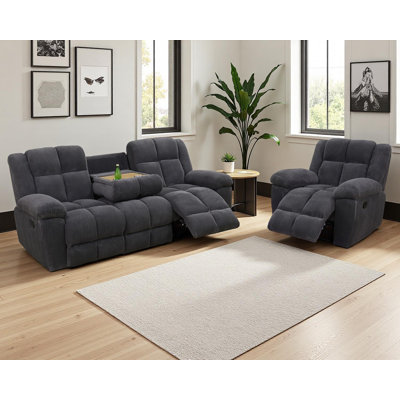 2-Piece Premium Corduroy Manual Recliner Sofa Set With Drop-Down Coffee Table,And Cup Holders by Ebern Designs