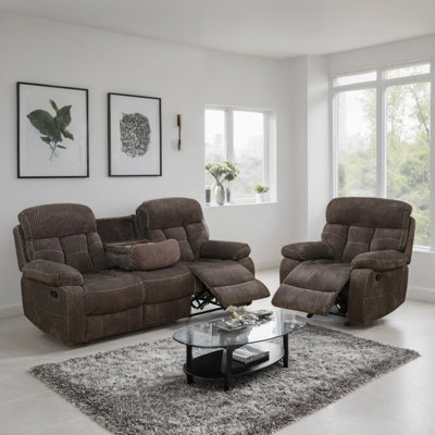 2-Piece Premium Microfiber Manual Recliner Sofa Set With Drop-Down Coffee Table,And Cup Holders