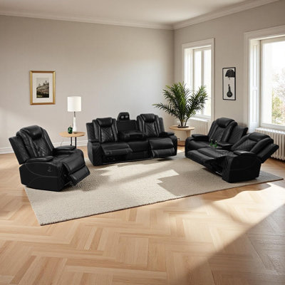 3-Piece Breathing Leather Power Recliner Sofa Set With LED Light,Wireless Charging Station, And Storage Armrest