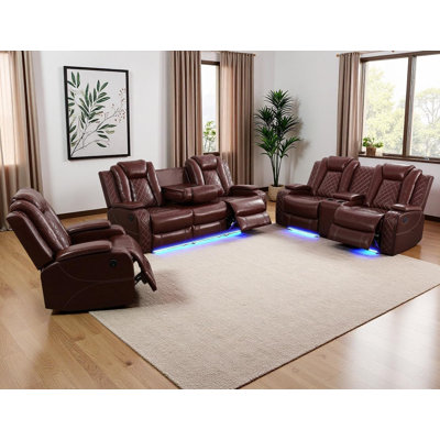 3-Piece Breathing Leather Power Recliner Sofa Set With LED Light,Wireless Charging Station, And Storage Armrest