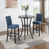 3-Piece 36" Round Espresso Finish Bar Table with 2 Gray Fabric Nail Head Pub Chairs by Lark Manor