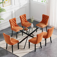 7 Piece Glass Dining Table Set for 6, Modern 60" Glass Kitchen Table with Metal Leg, Tufted Velvet Upholstered Dining Chair, Rectangle Dining Table an by House of Hampton