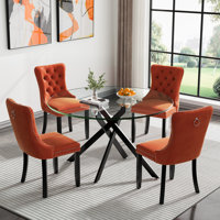 5 Piece Round Glass Dining Table Set for 4, Modern 47.25" Glass Kitchen Table, Tufted Velvet Upholstered Dining Chair, Circle Dining Table and Chairs by House of Hampton