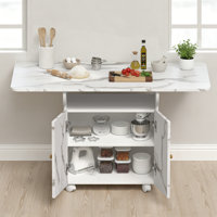 Modern Folding Dining Table kitchen island Kitchen cart with Marble Finish, Storage Cabinet and Locking Wheels by Ivy Bronx
