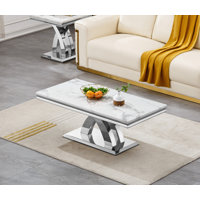 Faux Marble Coffee Table Set of 3, Modern Living Room Table Set Includes 1 Coffee Table and 2 End Side Tables for Living Room, White Faux Marble Top w by Everly Quinn