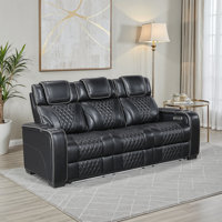 Barra 84.5" Modern & Contemporary Top Grain Leather Power Double Reclining Sofa with Power Headrests and Soothing Heat and Air Massage Functions by Latitude Run