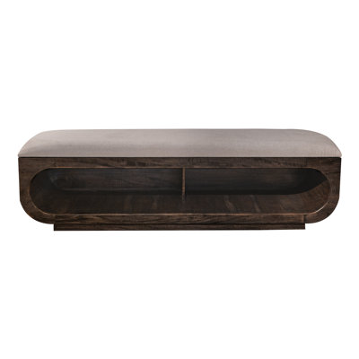 Wooden bench with a cushioned seat and open storage underneath. by Loon Peak