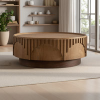 Coffee Table Round Wood Modern Solid Wood Veneer Handcrafted Relief Tea Table With Sturdy Pedestal For Apartment by Millwood Pines