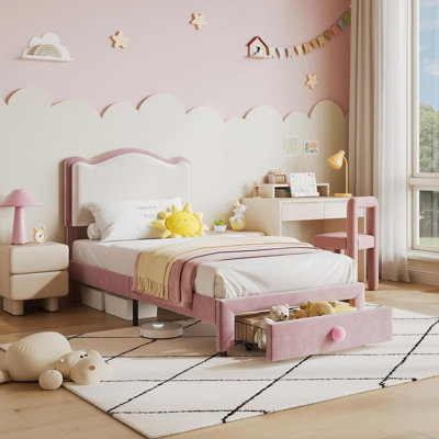 Upholstered Twin Bed Frame with Storage Drawer & Scallop Headboard, Princess Twin Size Platform Bed Frames for Kids Girls, Wooden Slats Support, No Bo by Harriet Bee