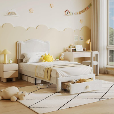 Upholstered Twin Bed Frame with Storage Drawer & Scallop Headboard, Princess Twin Size Platform Bed Frames for Kids Girls, Wooden Slats Support, No Bo by Harriet Bee