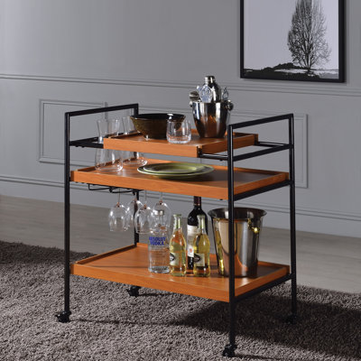 Honey Oak and Black Serving Cart with Stemware Rack by 17 Stories