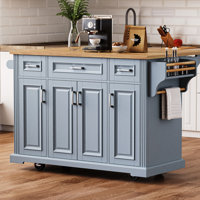 54" Large Kitchen Island with Drop Leaf, Rolling Kitchen Cart with Storage Cabinet, 4 Doors, Dining Room Table, Grey Blue by Lark Manor