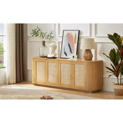 64-Inch Wavy TV Stand With Rattan Doors For Living Room, Floating Tv Stand, Modern Tv Console by Bay Isle Home