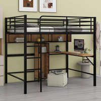 Multifuncational Full Size Loft Bed With L -Shaped Desk And Shelves,  Metal & Wood Loft Bed With Guardrails by Mason & Marbles