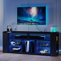 Tall Entertainment Center With Storage, Tv Stand With Power Outlet, Led Lights And Carbon Fiber Finish, Black by Wrought Studio