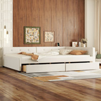 Upholstered Platform Bed with Built-In USB Charging Ports and 2 Storage Drawers, Beige Fabric Bed Frame by Latitude Run