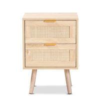 Baird Light Oak Brown Wood and Rattan 2 Drawer Mid Century Modern Nightstand by George Oliver