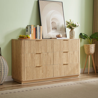 55" Wide Modern Walnut Dresser TV Stand - 6 Drawers with Curved Wave Design, Wood Organizer for Bedroom/Living Room/Hallway (55.12
