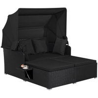 Patio Rattan Daybed Lounge Retractable Top Canopy Side Tables Cushions Black by Ebern Designs