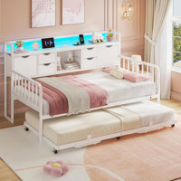 Daybed With Trundle, Twin Day Bed With Storage Headboard & Charging Station, Height Adjustable Metal Trundle Bed Twin, Sofa Bed Frame For Living Room by Ivy Bronx