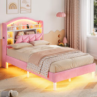 Velvet Upholstered Platform Bed With Led Lights And Charging Station, Princess Bed Frame With Led Lights Headboard,guardrail,crystal Button, No Box Sp