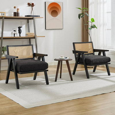 Mid Century Modern Accent Chair, Comfy Living Room Chairs with Sturdy Wood Legs, Rattan Backrest