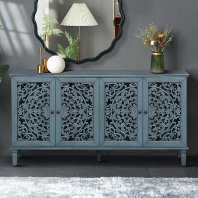 Stylish Antique Buffet Burkey with Floral Carvings, Solid Wood Legs, and Adjustable Shelves, Perfect for Living and Dining Rooms by Latitude Run