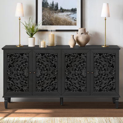 Stylish Antique Buffet Burkey with Floral Carvings, Solid Wood Legs, and Adjustable Shelves, Perfect for Living and Dining Rooms by Latitude Run