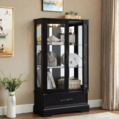 Lighted Glass Curio Display Cabinet With Adjustable Shelves, 1 Drawer And Led Light